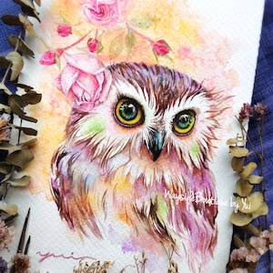 Whimsical Colorful Owl Watercolor – Original 7.5×11&quot; – Gift for Owl Lovers, Teacher or Nursery Wall Art, Small bird painting