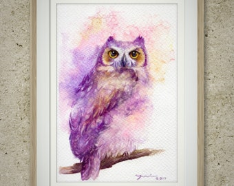 Print 7.5x11 "  From original Hand paint watercolour 100%, art, watercolor, Hand made, owl art, minimalist, Contemporary, gift, Wildlife