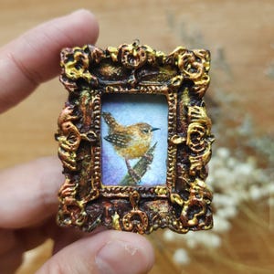 Original Tiny Wren Watercolor painting with Handmade Frame, Miniature Art for Dollhouse or Small home Decor, Hand-Painted