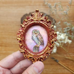 Original Tiny owl Watercolor hand-painted in a Handmade rasin frame, Miniature Art for Dollhouse or Small home Decor, mini painting framed