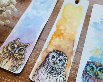 Bookmark set 4 pcs. Owl ORIGINAL watercolor painting 4.5x16 cm. paint by Yui Chatkamol Hand painted Not print,gift for her mom, book lover