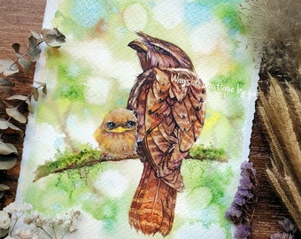 ORIGINAL watercolour painting 7.5x11 inches,Frogmouth and baby,Hand paint by Yui Chatkamol, art,Hand made,owl art,gift,Wildlife, mother day