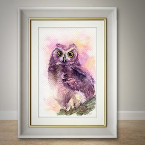 PRINT – Little Horned Owl Watercolor painting 7.5 x 11”Hand paint,art, watercolour,Hand made,owl art, minimalist,Contemporary,gift,Wildlife