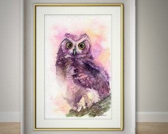 PRINT – Little Horned Owl Watercolor painting 7.5 x 11”Hand paint,art, watercolour,Hand made,owl art, minimalist,Contemporary,gift,Wildlife