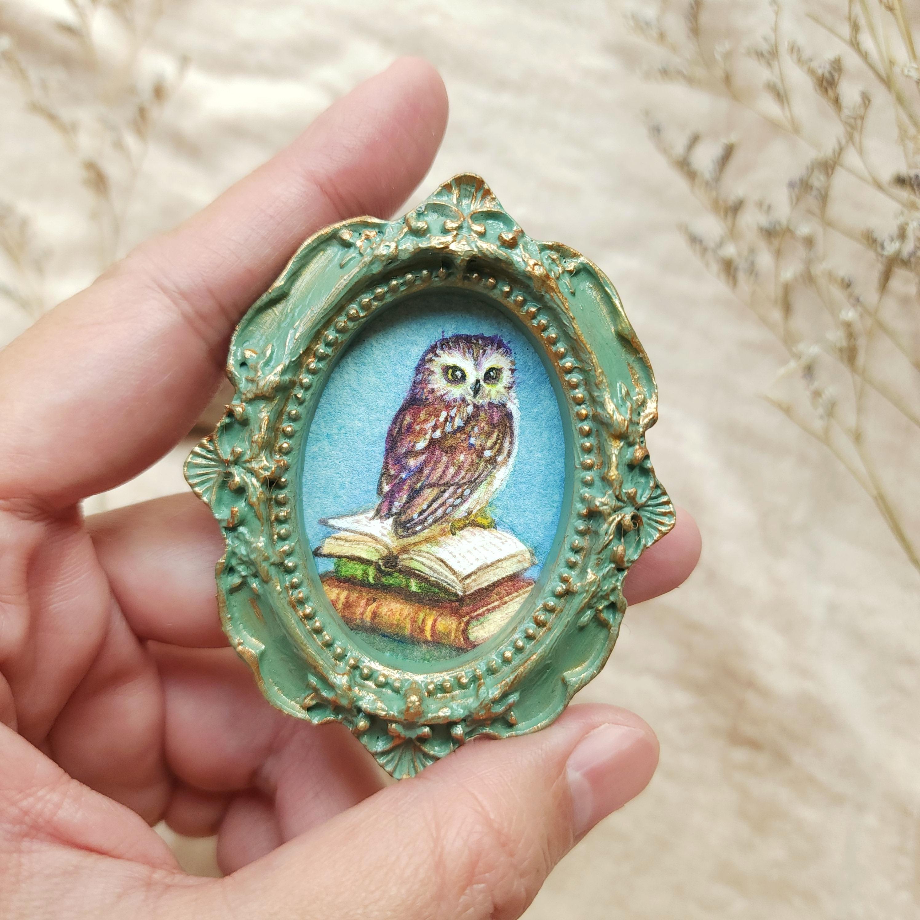 Miniature Owl Art in Vintage Frame Dark Academia Cottagecore Wall Decor Handmade Gift