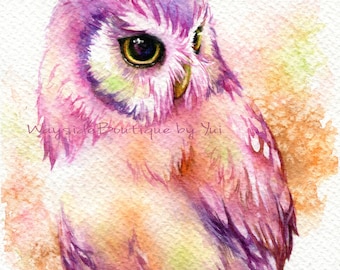 PRINT –Owl & Sweet Watercolor painting 7.5 x 11”