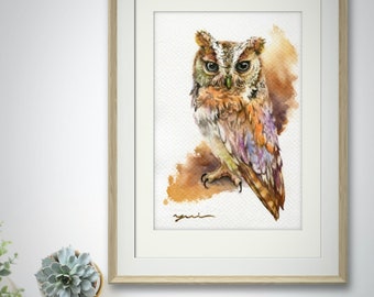 PRINT – Watercolor painting 7.5 x 11” from Hand paint 100%, art, watercolor, Hand made, owl art, minimalist, Contemporary, gift, Wildlife