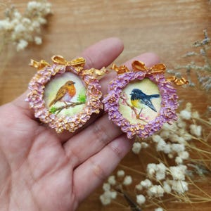 Miniature Watercolor small bird original paintings in Hand-Painted Ornate Frames – Set of 2 – Tiny Bird Wall Art, Original Mini Nature Art