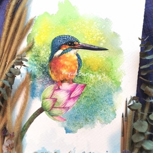 Martin pescatore - Dipinto ad acquerello ORIGINALE 7,5x11 pollici Dipinto a mano al 100%, arte, acquerello, arte degli uccelli, loto, contemporaneo, regalo, fiore della fauna selvatica