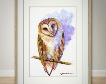 PRINT – Watercolor painting 7.5 x11" from Hand paint 100%, art, watercolor, Hand made, owl art, minimalist, Contemporary, gift, Wildlife