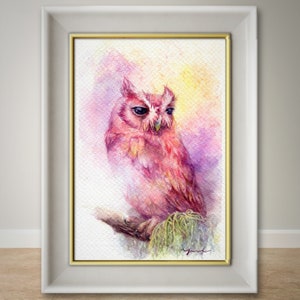IMPRESIÓN – Búho de fantasía – Pintura de acuarela 7,5 x 11” de Pintura a mano 100%, arte, acuarela, arte del búho, minimalista, contemporáneo, regalo, vida silvestre