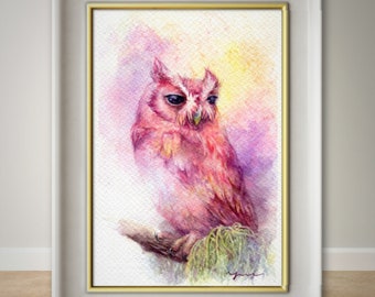 PRINT – Fantasy owl- Watercolor painting 7.5 x 11” fromHand paint 100%, art, watercolour, owl art, minimalist, Contemporary, gift, Wildlife