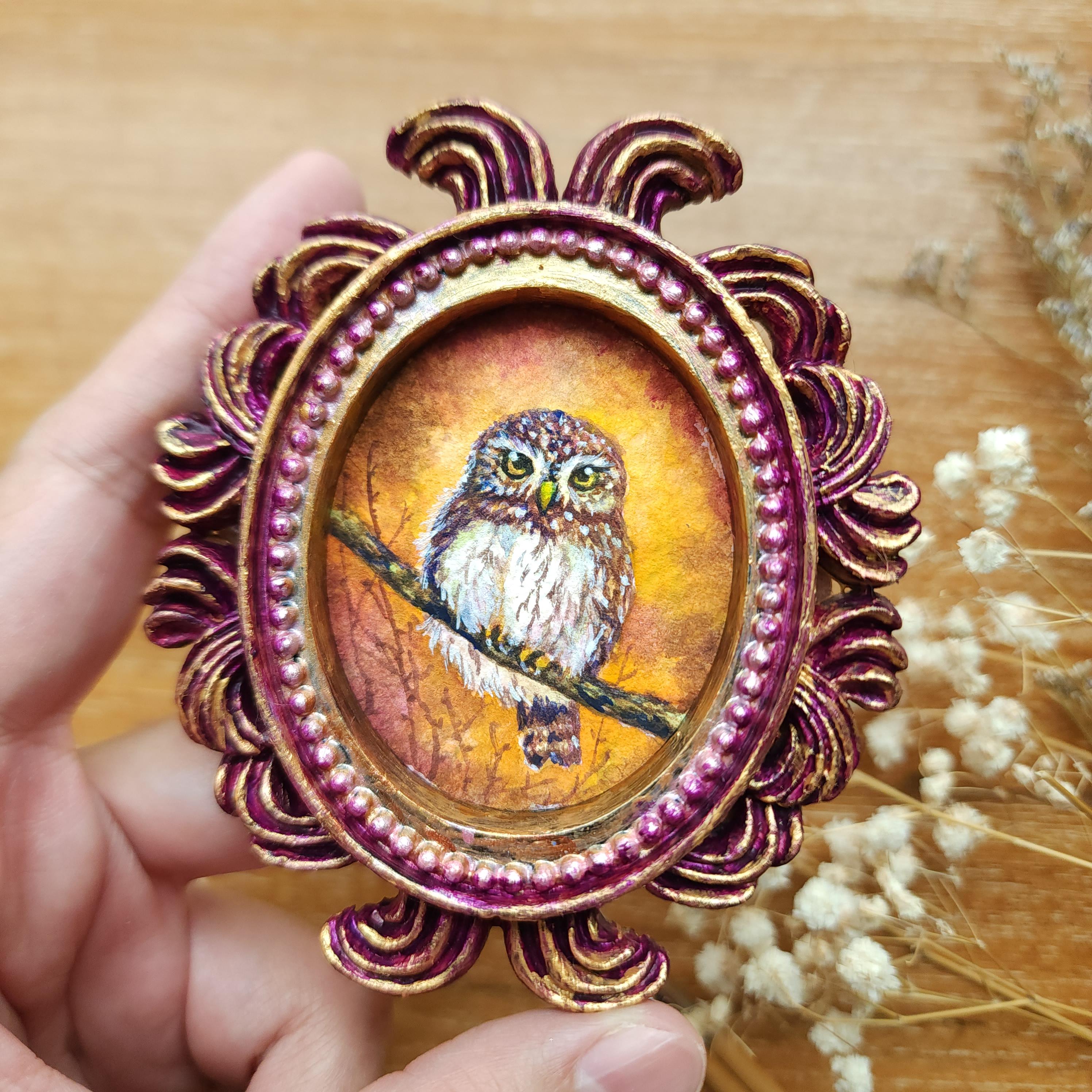 Mini Owl Original Watercolor in Hand-Painted Baroque Frame – Warm Golden Woodland Art – 