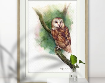 PRINT – Owl in forest - Watercolor painting 7.5 x 11” from Hand paint 100%, art, watercolor, Hand made,owl art, minimalist,Contemporary,gift