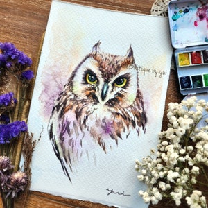 Gufo dalle orecchie corte dipinto ad acquerello ORIGINALE 7,5x11 pollici, dipinto a mano da Yui Chatkamol, arte, fatto a mano, arte del gufo, minimalista, regalo, fauna selvatica