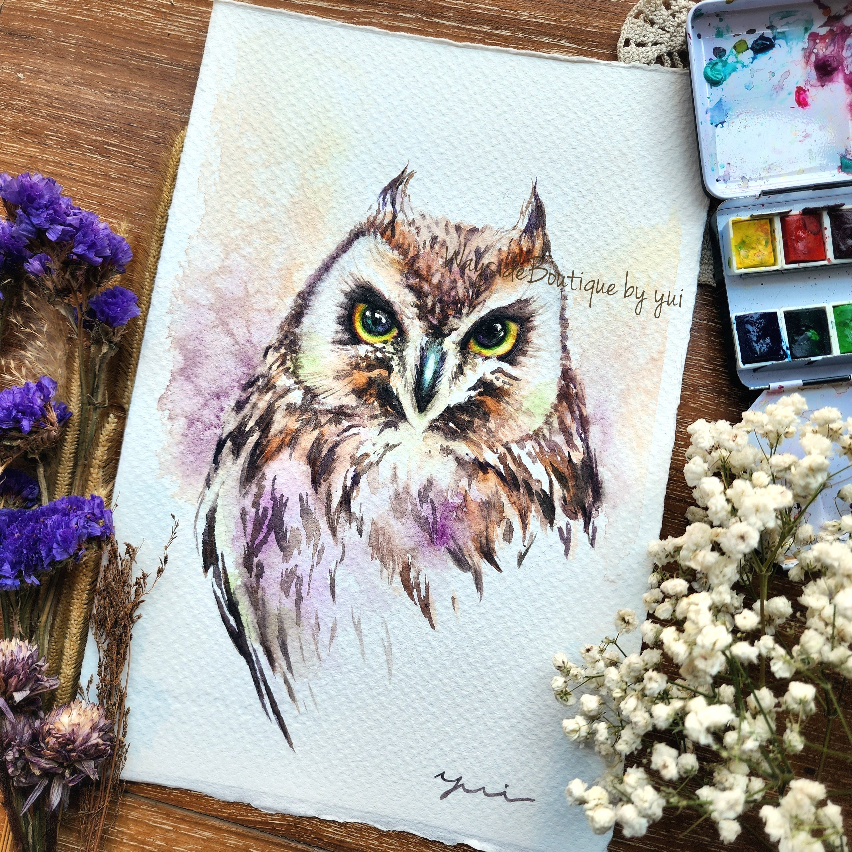 Short-Eared Owl ORIGINAL watercolour painting 7.5x11 inches,Hand paint by Yui Chatkamol, art,Hand ma