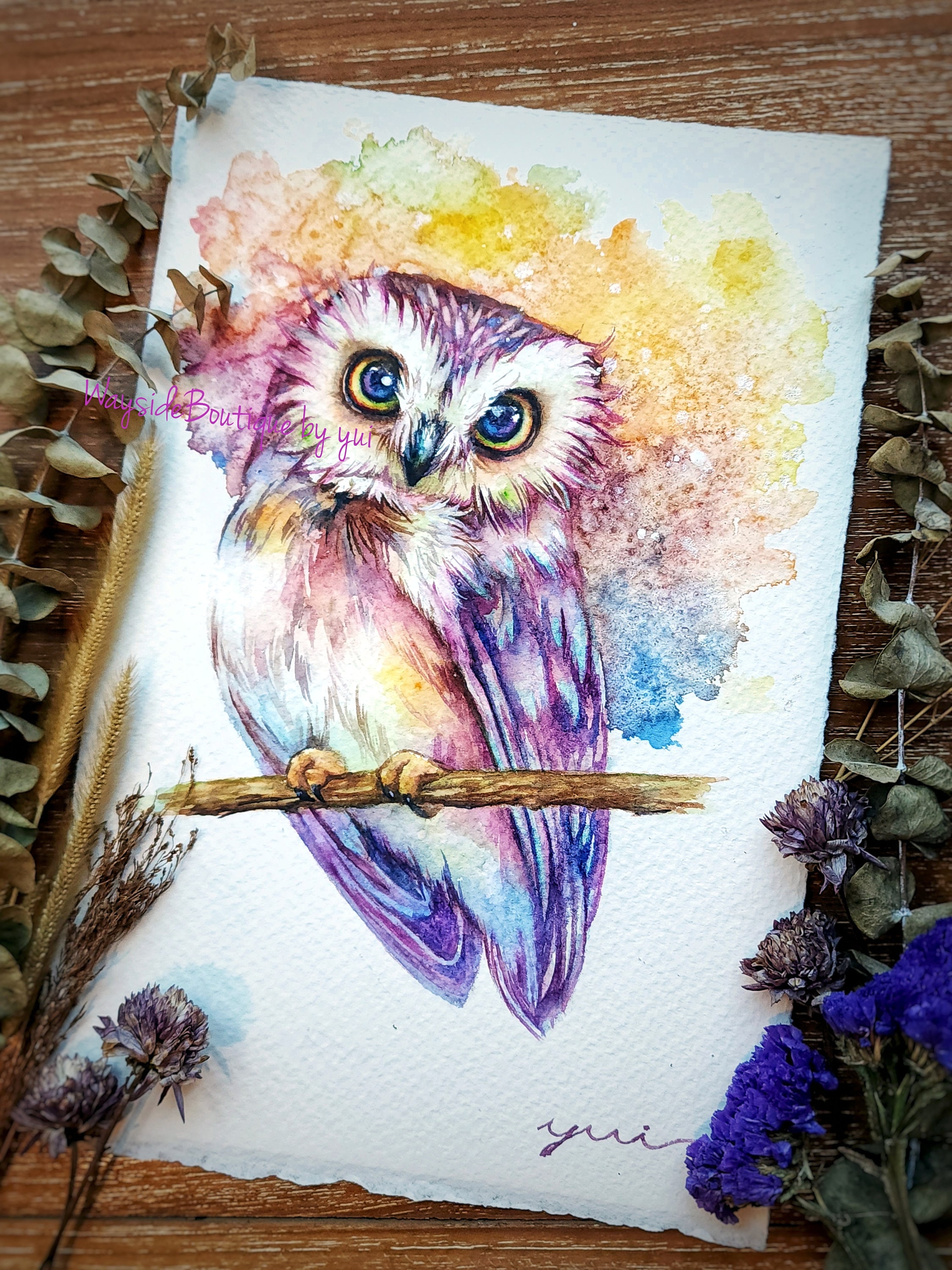 Owl of Enchantment - ORIGINAL watercolor painting 7.5x11 inches, 100% Hand-painted by Yui Chatkamol,