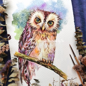Chouette - aquarelle originale 7,5 x 11 pouces