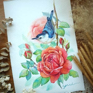 Pintura de acuarela ORIGINAL 7,5 x 11 pulgadas, pajarito y rosa roja, pintada a mano por Yui Chatkamol,
