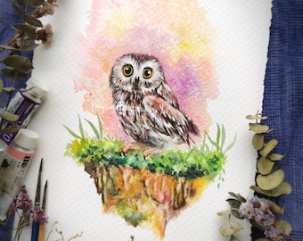 Little Owl - ORIGINAL watercolour painting 7.5x11 inches,Hand paint 100%,Hand made,owl art, minimalist,Contemporary,gift,Wildlife fantasy