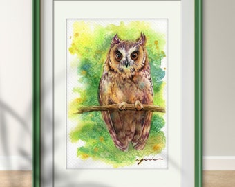 Owl - ORIGINAL watercolor painting 7.5x11 inches, Hand painted, owl watercolor, woodland, Wildlife, decor, wall art, real paint