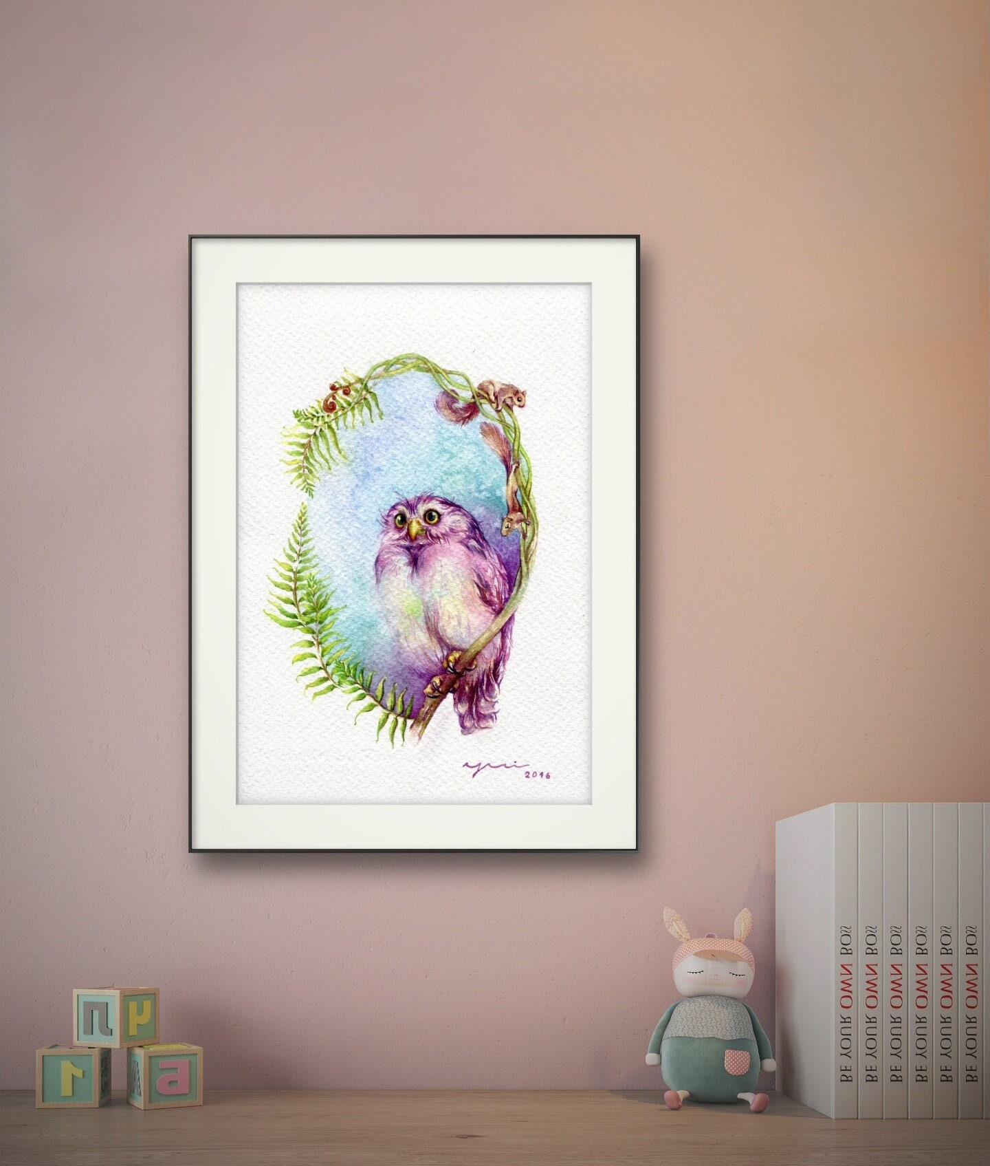 Original watercolor painting, Spring owl and friends - 7.5x11 inches,Hand-painted by Yui Chatkamol, 
