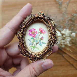 Roses - Tiny vintage Roses original watercolor painting with Handmade Frame, Miniature Art for Dollhouse, mini gift art, June Birth Flower