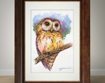 PRINT – Watercolor painting 7.5 x 11” from Hand paint 100%, art, watercolor, Hand made, owl art, minimalist, Contemporary, gift, Wildlife