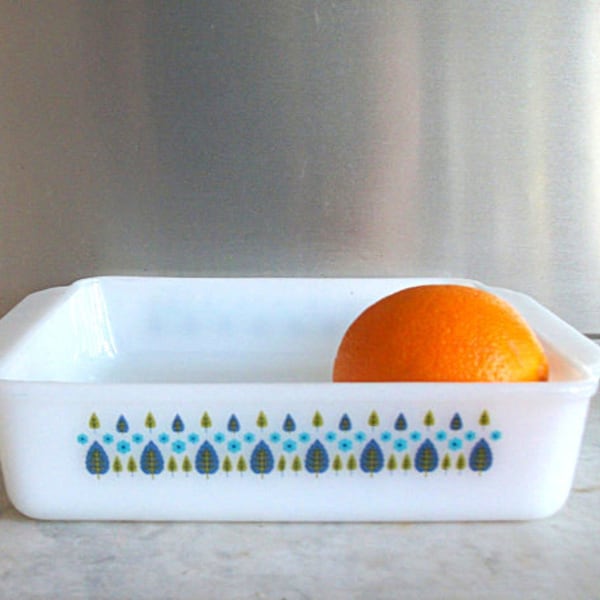 Vintage Milk Glass Baking Dish in Alpine Swiss Chalet Pattern