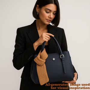 May include: A navy blue handbag with a silver buckle and handle is held by a person wearing a black blazer. A tan scarf is draped over the bag. The text at the bottom reads "AI-generated image used for visual inspiration."