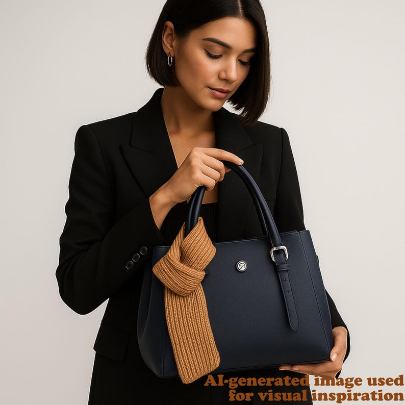 May include: A navy blue handbag with a silver buckle and handle is held by a person wearing a black blazer. A tan scarf is draped over the bag. The text at the bottom reads "AI-generated image used for visual inspiration."