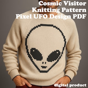 May include: Beige knitted sweater featuring a pixelated alien face design in black. The sweater has a crew neck and long sleeves. Text on the image reads "Cosmic Visitor Knitting Pattern Pixel UFO Design PDF" and "digital product".