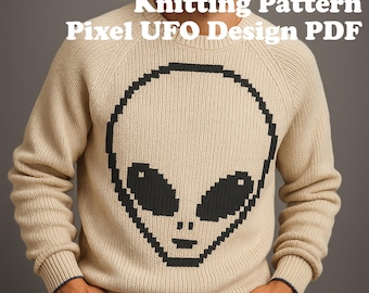 Patrón de punto de cara alienígena en PDF / Gráfico de bordado con temática espacial / Diseño pixel art para suéter o bolso / Descarga digital