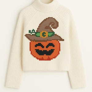 Halloween Pumpkin in Witch Hat Knitting/Embroidery Pattern, Cozy Fall Sweater Chart, PDF JPEG, 70x79 and 45x51 Stitches