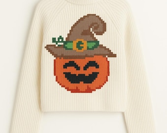 Wzór na robótkę na drutach/haft dyni Halloween w kapeluszu czarownicy, schemat przytulnego swetra jesiennego, plik PDF JPEG, 70x79 i 45x51 oczek