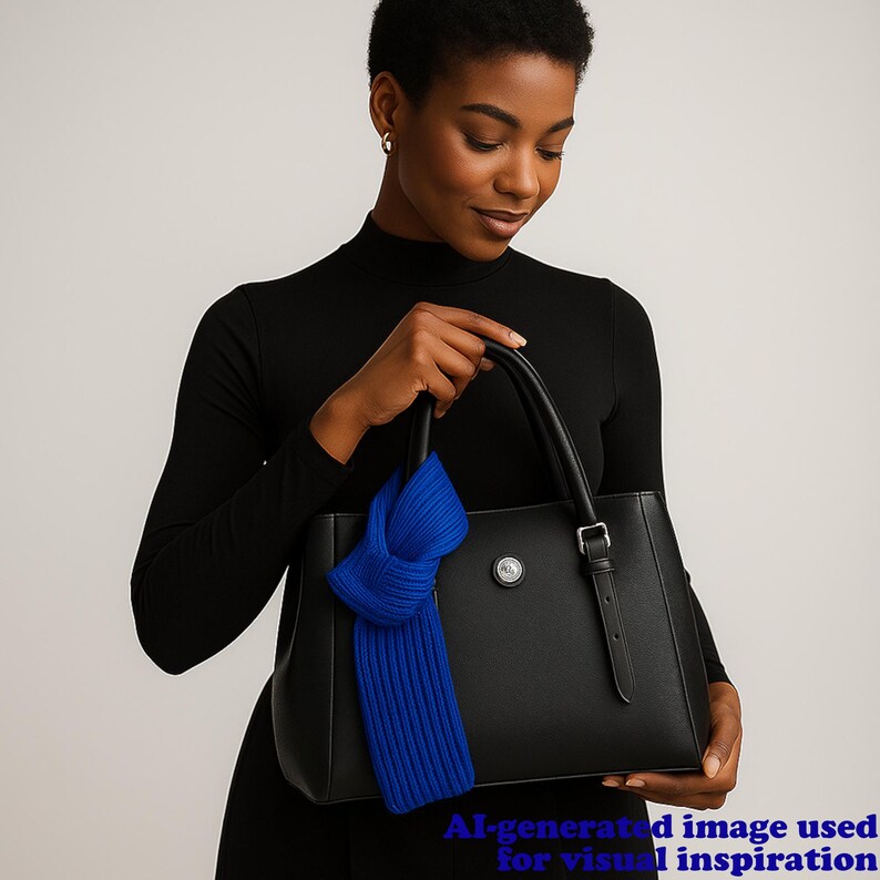 May include: A black leather tote bag with a silver buckle and a blue knit scarf. The bag has a top handle and a silver emblem. The text "AI-generated image used for visual inspiration" is at the bottom.