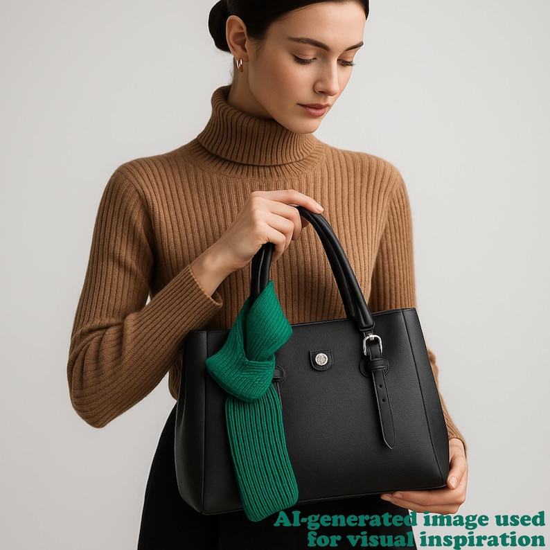 May include: A black leather handbag with a top handle and a silver buckle. A green scarf is draped over the handle. The image has the text "AI-generated image used for visual inspiration".