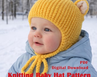 Patrón de tejido para gorro de bebé, gorro con orejeras y lazos, gorro de bebé con orejas, patrón en PDF, 4 tallas (0–12 meses), 4 idiomas.