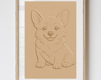 Póster de Corgi en relieve, arte minimalista para pared, impresión con textura de papel 3D, adorable decoración para mascotas, descarga digital