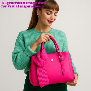 May include: A bright pink handbag with a matching scarf is held by a person wearing a teal sweater. The bag has a silver clasp and a strap. The scarf is knotted and draped over the bag. The image text says "AI-generated image used for visual inspiration."