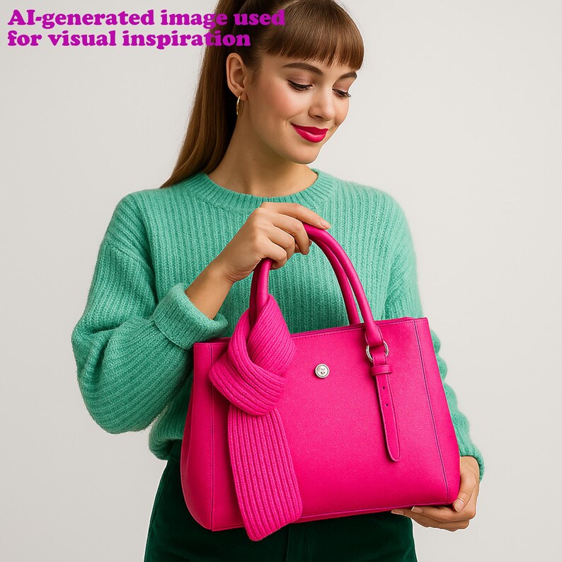 May include: A bright pink handbag with a matching scarf is held by a person wearing a teal sweater. The bag has a silver clasp and a strap. The scarf is knotted and draped over the bag. The image text says "AI-generated image used for visual inspiration."
