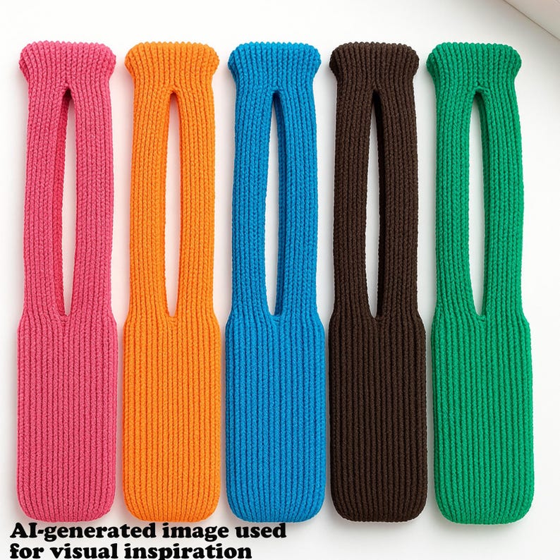 May include: Five colorful, knitted hair accessories in pink, orange, blue, brown, and green. Each has a long, rectangular shape with a central opening. The text at the bottom reads "AI-generated image used for visual inspiration."