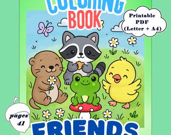 Libro para colorear de animales kawaii: nutria, mapache, rana y pato (41 páginas en PDF)