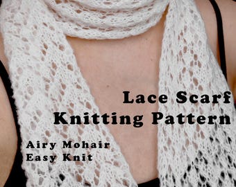 Patrón de bufanda de encaje para tejer, patrón de bufanda de mohair, bufanda ligera de primavera, PDF de tejido fácil, bufanda Anna