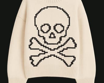 Patrón de tejido/bordado de calavera y huesos cruzados, gráfico de suéter pirata, diseño de suéter de Halloween, 58 x 80 puntadas (PDF, PNG y JPEG)