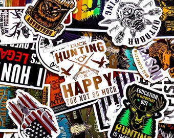 May include: A collection of outdoor-themed stickers with various designs. The stickers feature images of owls, deer, hunting scenes, and text like "Outdoor Adventure" and "Duck Hunting." The color palette includes browns, greens, and reds.