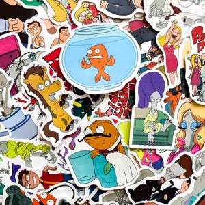 May include: A collection of colorful cartoon character stickers. The stickers feature various characters in different poses and settings. The central sticker shows an orange fish in a fishbowl. Other stickers include a horse, a man with a mustache, and a woman in a pink dress.