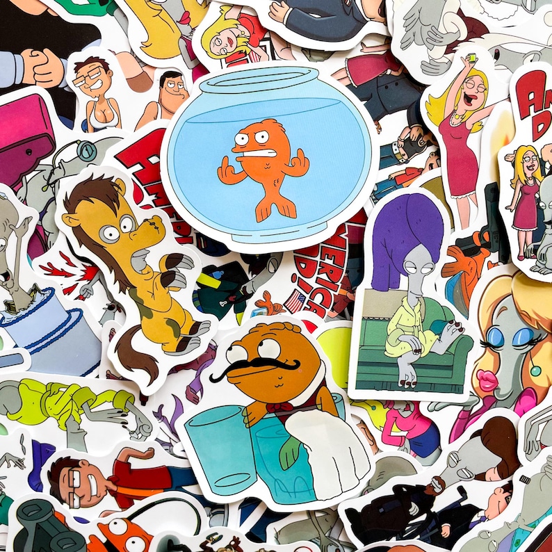 May include: A collection of colorful cartoon character stickers. The stickers feature various characters in different poses and settings. The central sticker shows an orange fish in a fishbowl. Other stickers include a horse, a man with a mustache, and a woman in a pink dress.