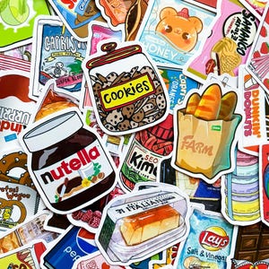May include: A collection of colorful food-themed stickers. Notable stickers include a jar of cookies, a Nutella jar, a bag of bread, and a package of Italian dessert. Other stickers feature text like "Capris", "Honey", and "Lay's".