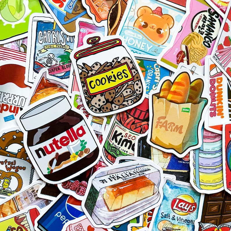May include: A collection of colorful food-themed stickers. Notable stickers include a jar of cookies, a Nutella jar, a bag of bread, and a package of Italian dessert. Other stickers feature text like "Capris", "Honey", and "Lay's".